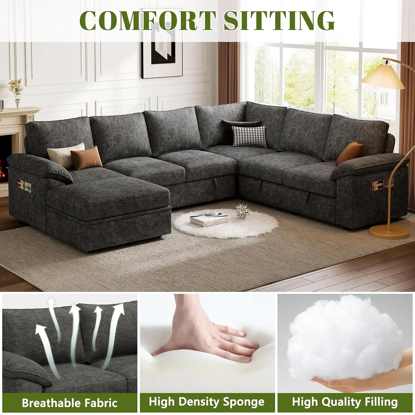 Modular U Shaped Sectional Sleeper Sofa With Storage