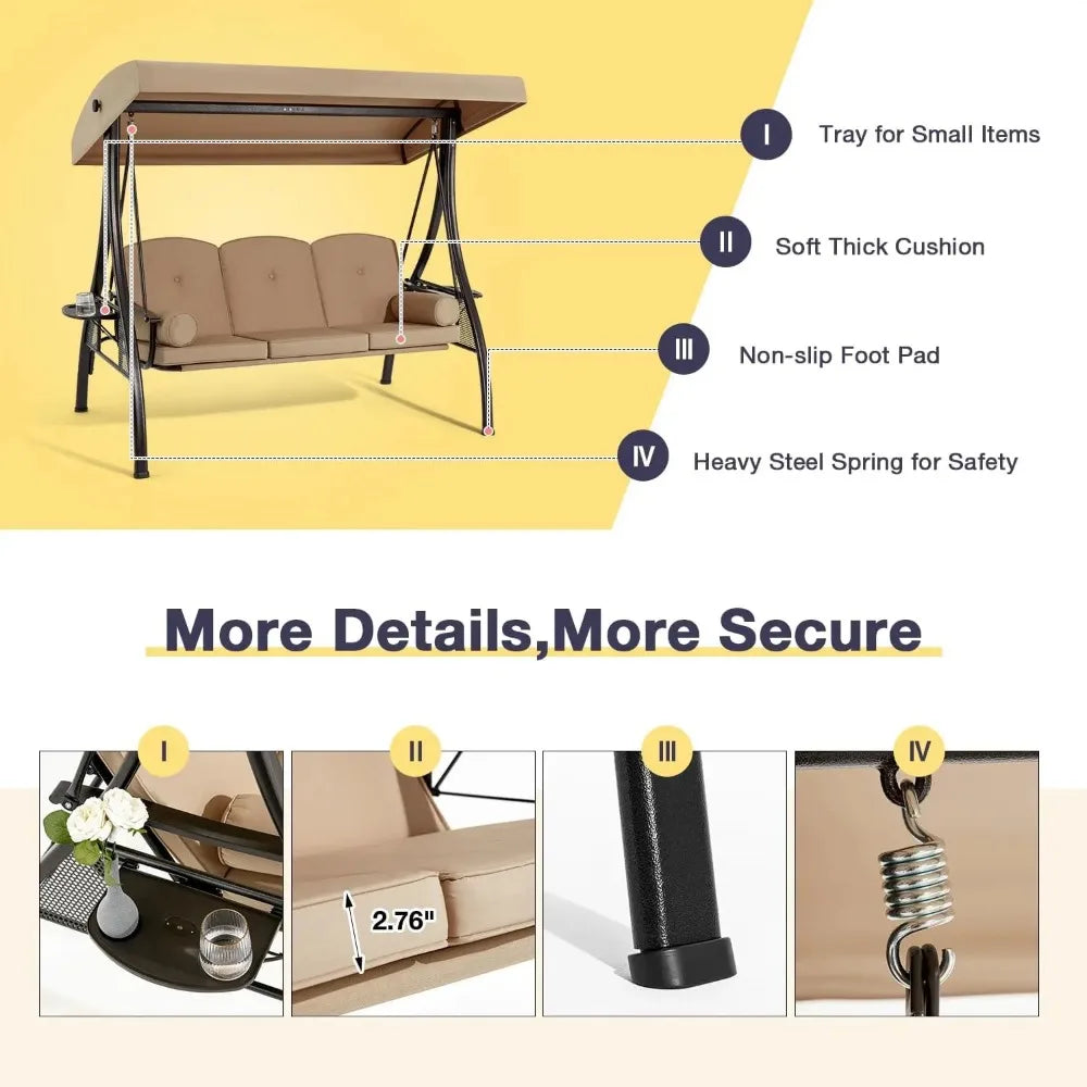 Three Person Porch Swing With Adjustable Canopy Cushioned Steel Frame