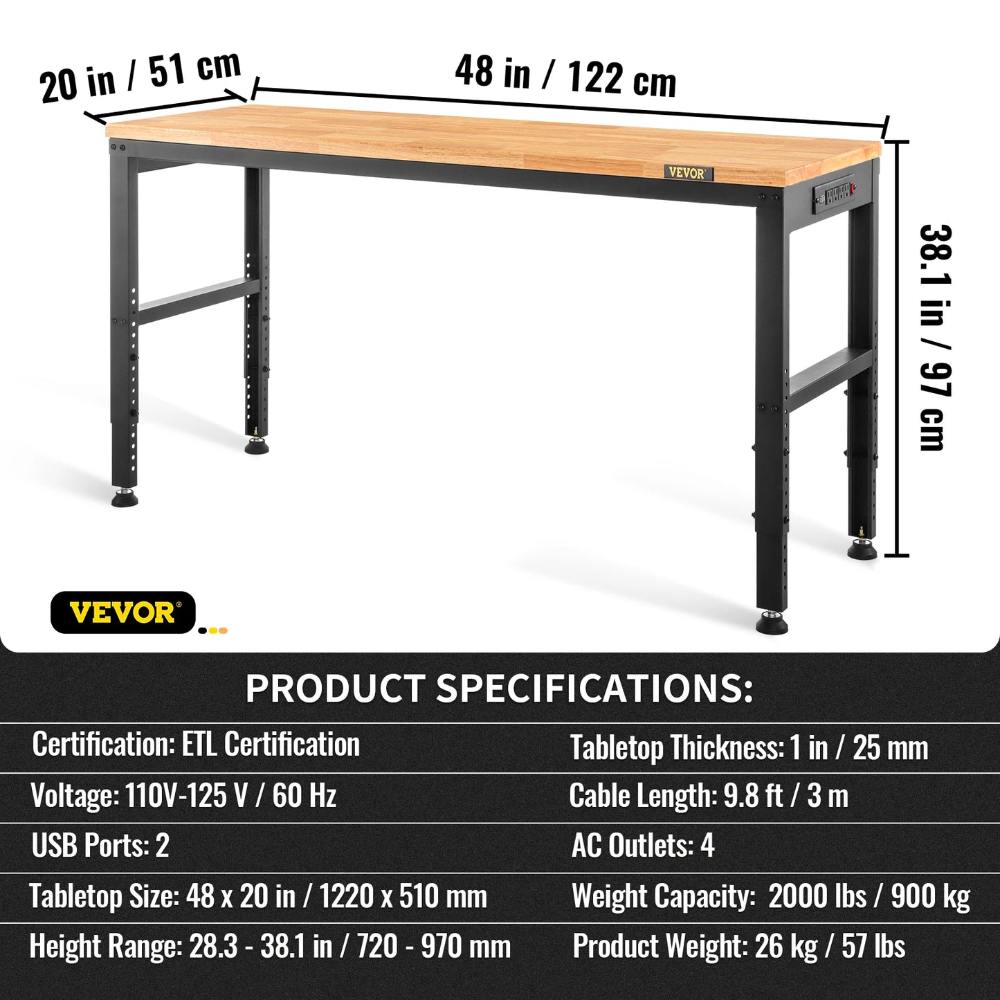 SucceBuy Heavy Duty Workbench With Oak Hardwood Top And 900kg Load