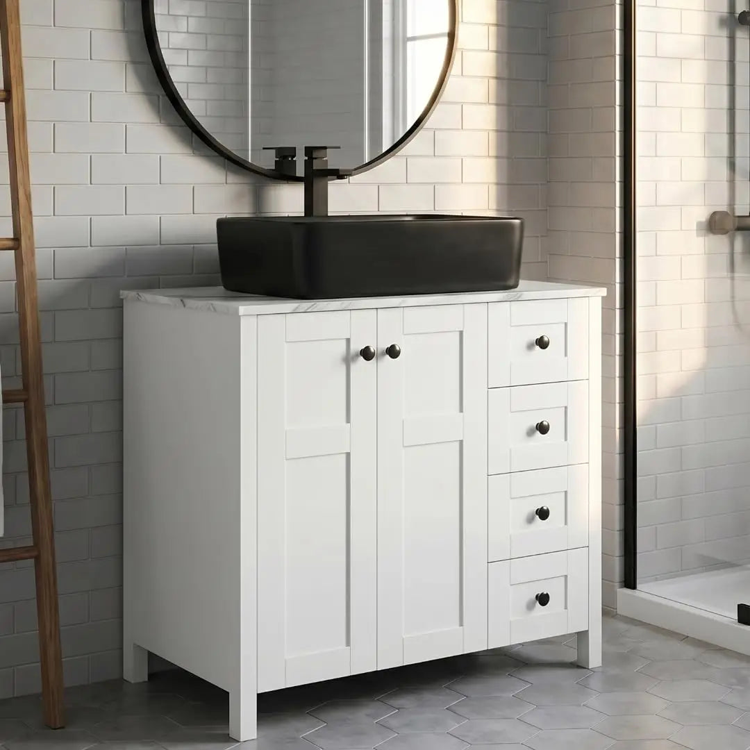 Minimalist Bathroom Vanity With Marble Texture And Ceramic Sink