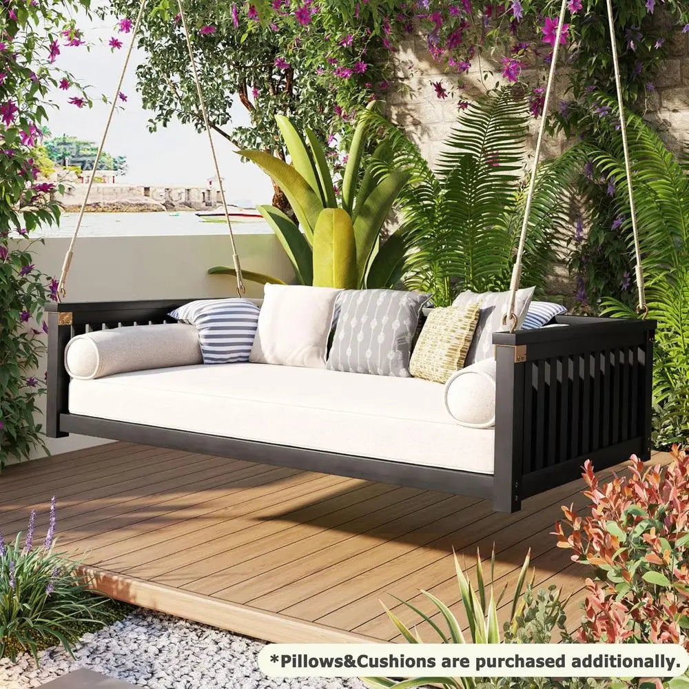 Patio Swing Bed Wooden Twin With Ropes For Garden
