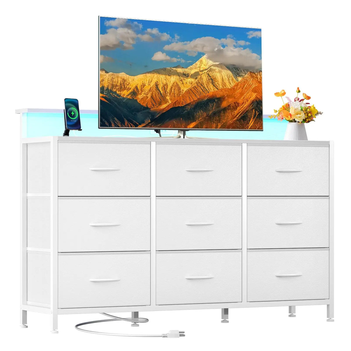 JHK Modern Media Console With Fabric Drawers And Wood Top