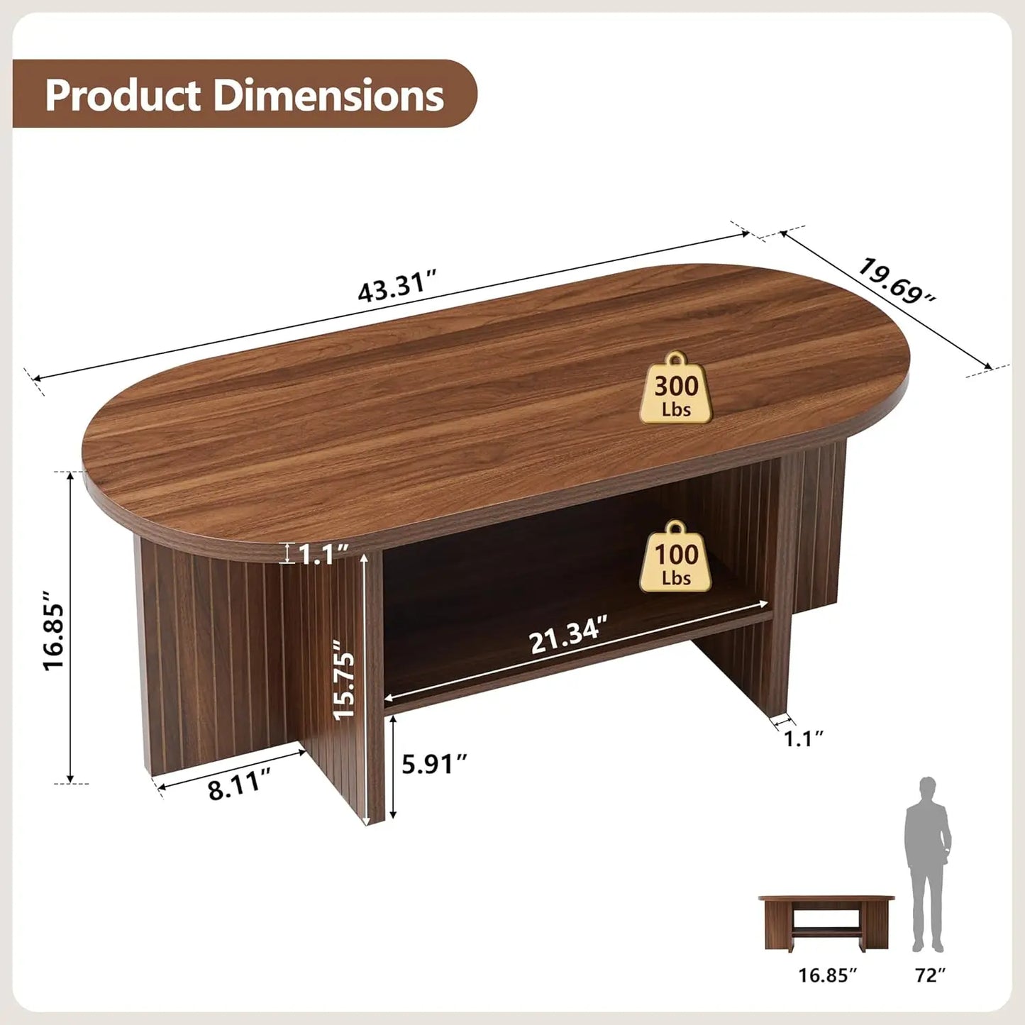 Oval Minimalist Farmhouse Coffee Table With Storage