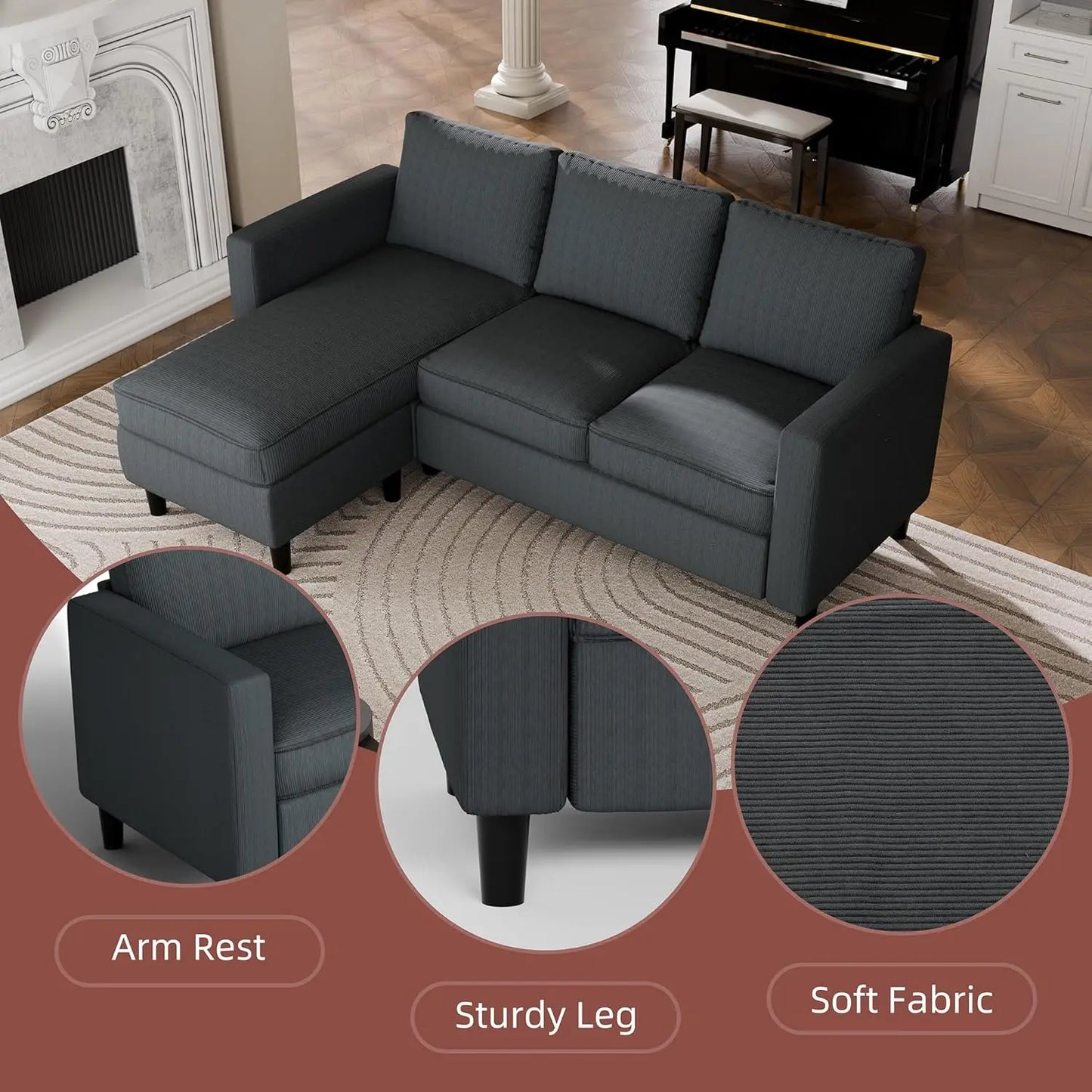 Convertible Sectional Sofa L-Shape With Movable Ottoman 3-Seat