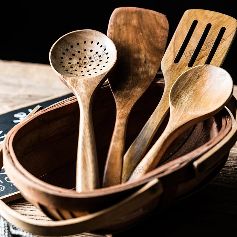 KEMORELA 9Pcs Wooden Spoons Set With Teak Kitchen Utensils Holder