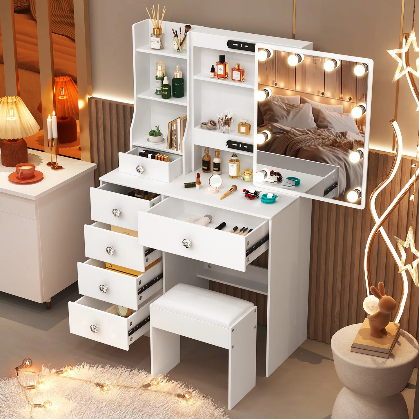 Teousev LED Makeup Vanity Set With Sliding Mirror And Storage
