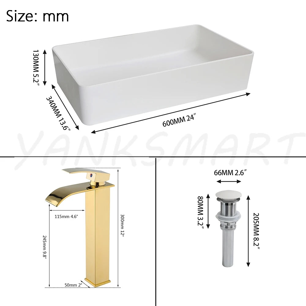YANKSMART Artificial Stone Bathroom Vessel Sink with Waterfall Faucet