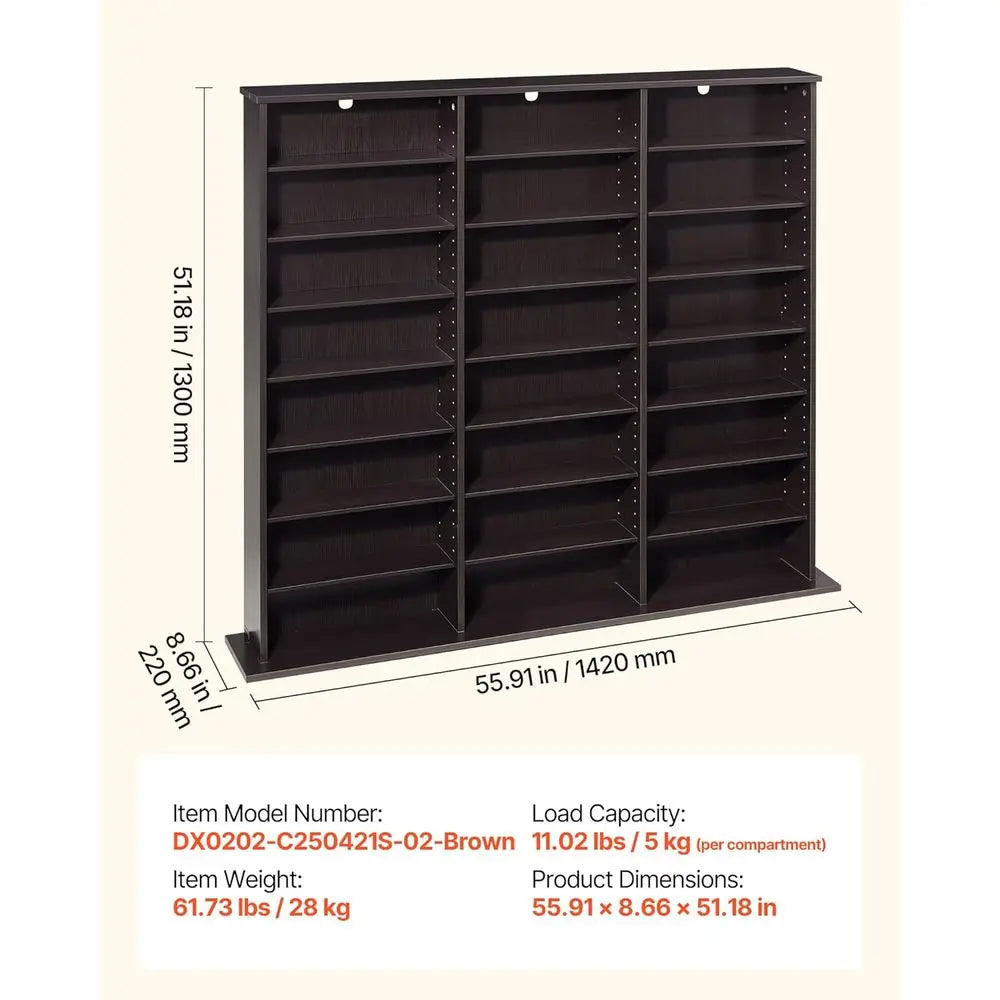 Wooden 8-Tier Media Storage Cabinet For CDs DVDs Books Games