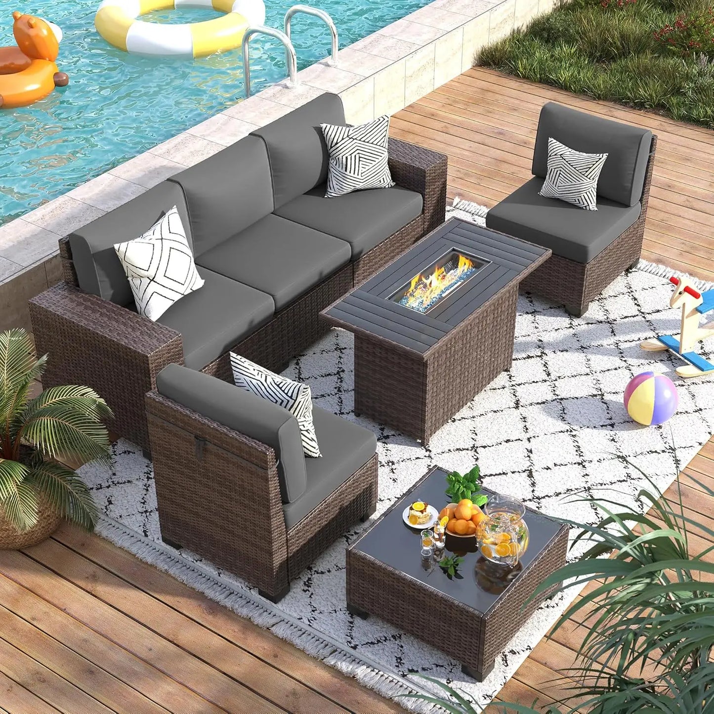 XIAOLANG 7 Piece Patio Furniture Set With Fire Pit Table Outdoor