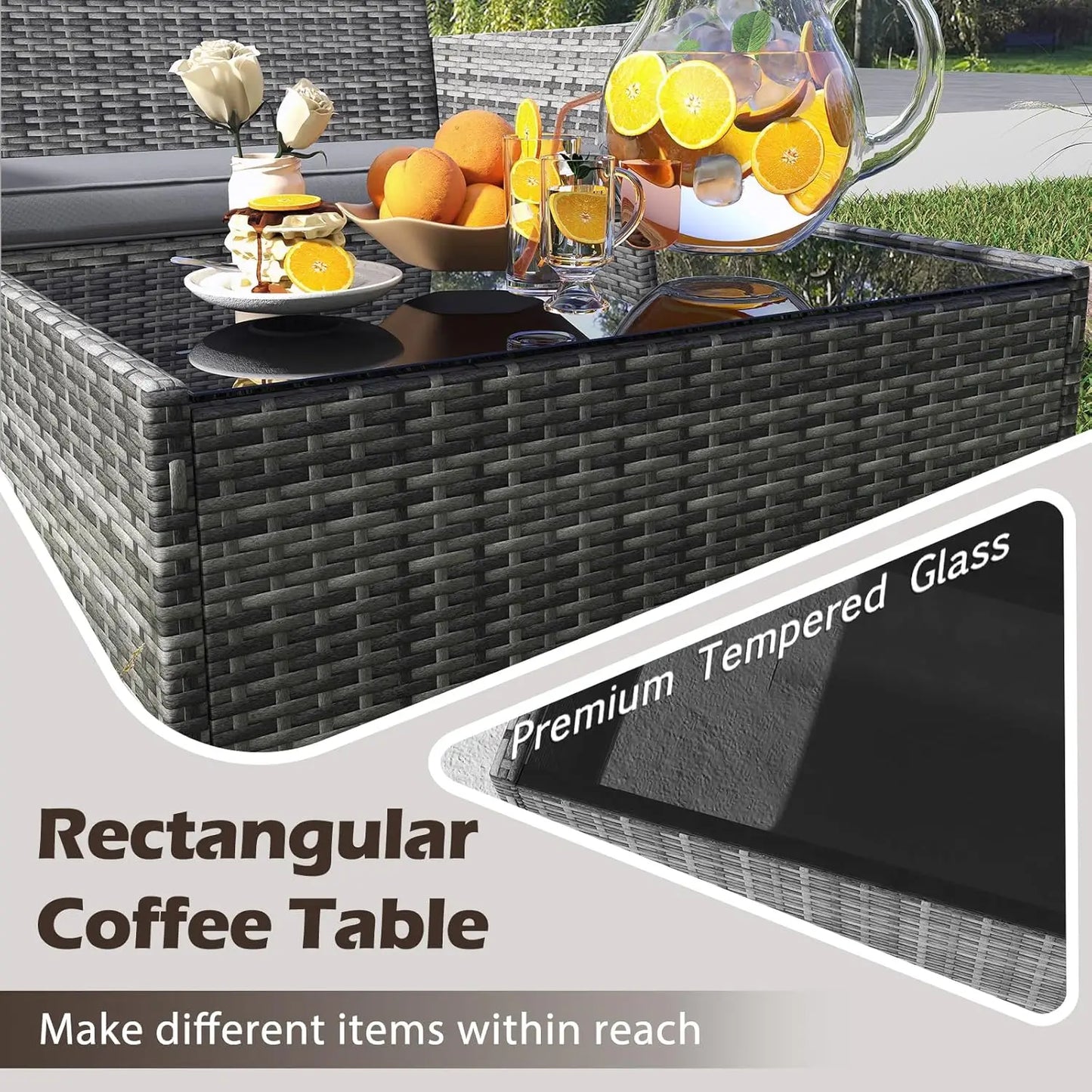 Rattan Outdoor Patio Conversation Set With Cushions And Glass Coffee Table