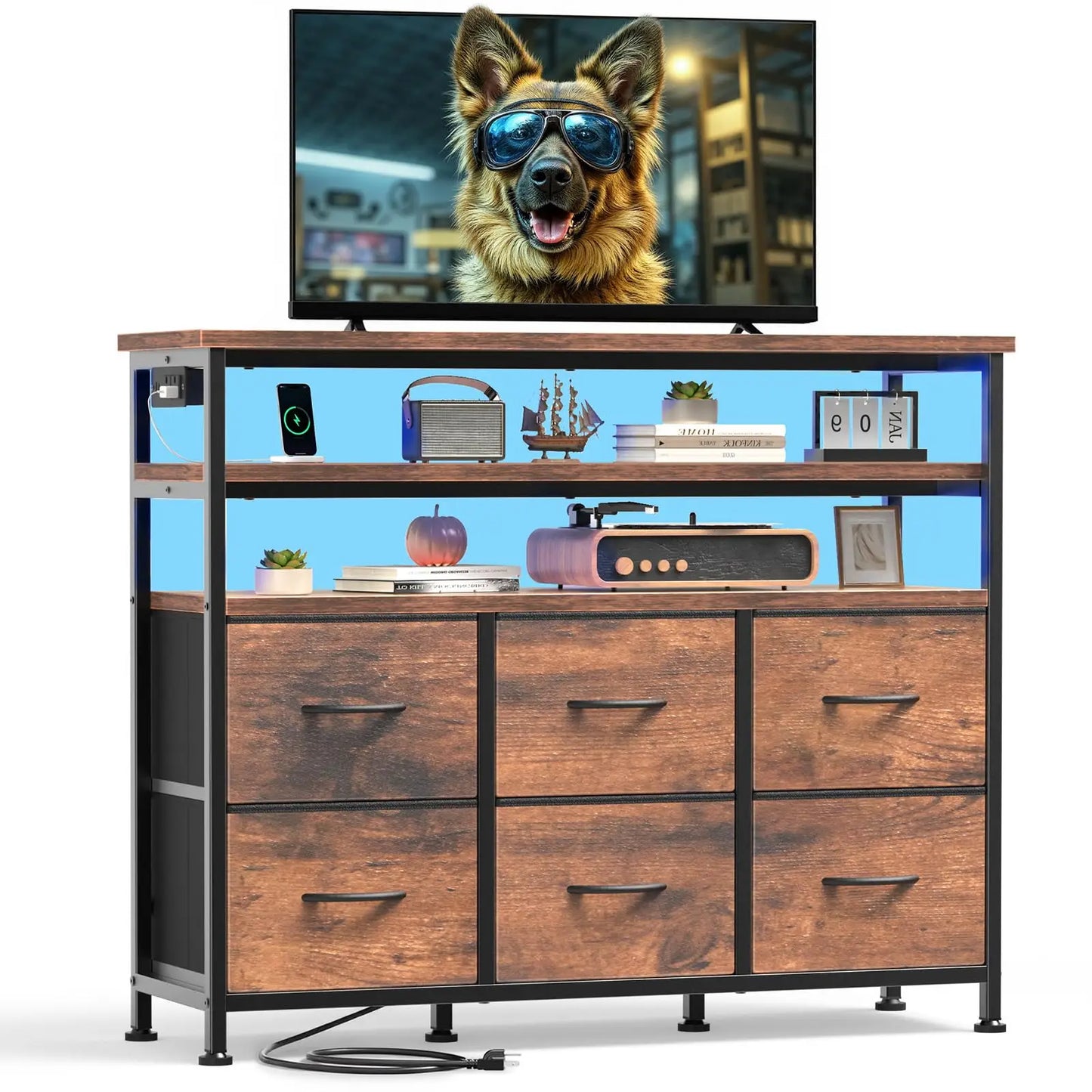 JHK TV Stand Dresser With Six Fabric Drawers Wood Top Living Room Console