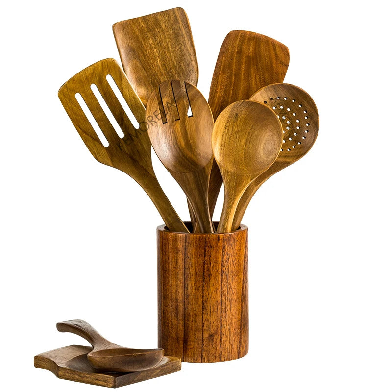 KEMORELA 9Pcs Wooden Spoons Set With Teak Kitchen Utensils Holder