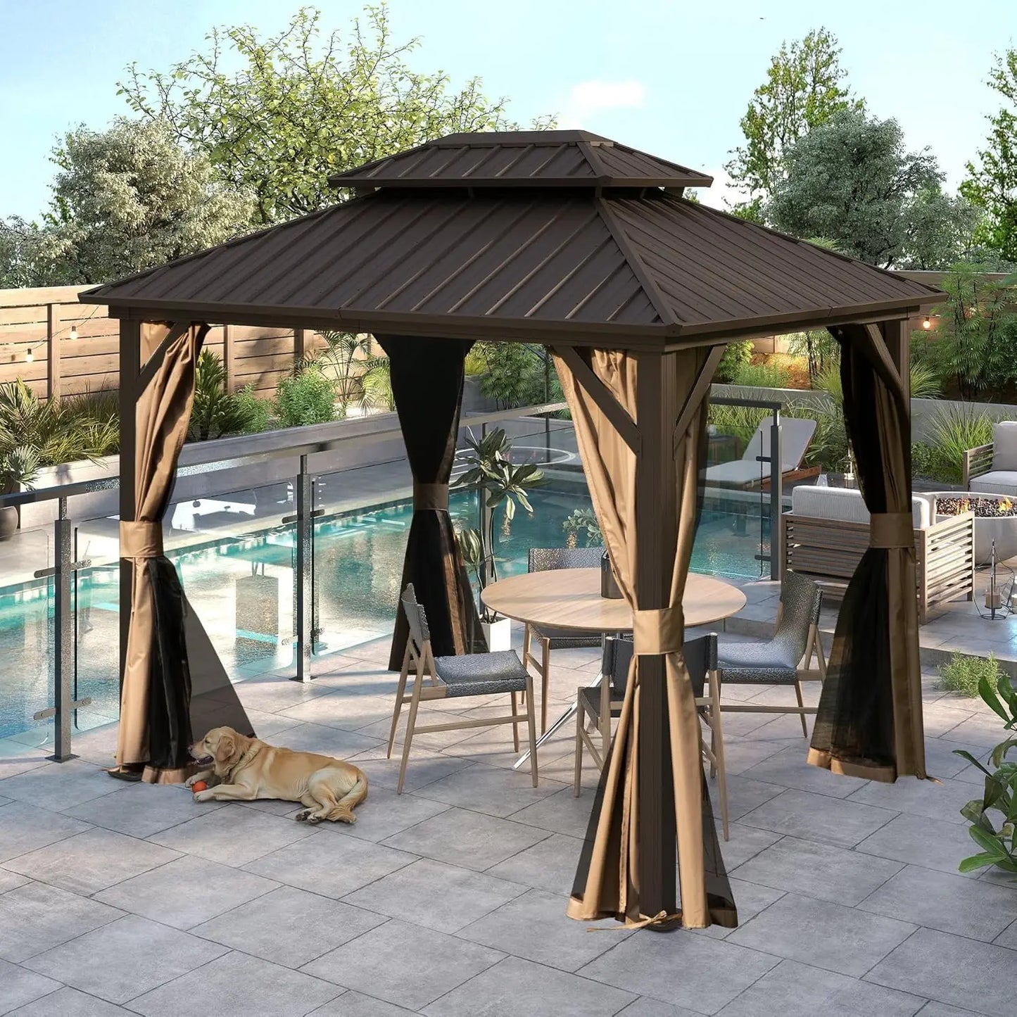 DUOFU Hardtop Metal Gazebo With Curtains And Netting