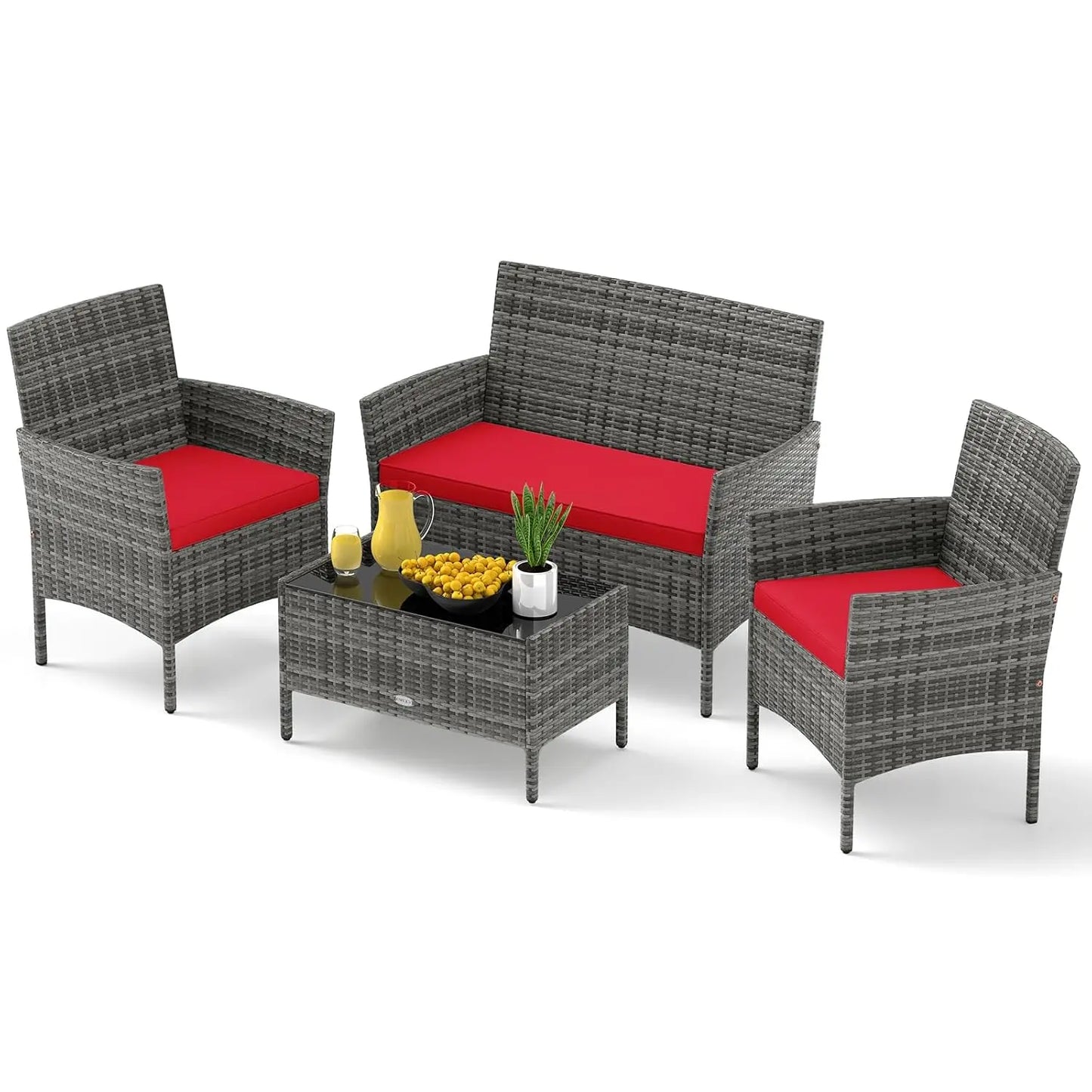 Rattan Outdoor Patio Conversation Set With Cushions And Glass Coffee Table