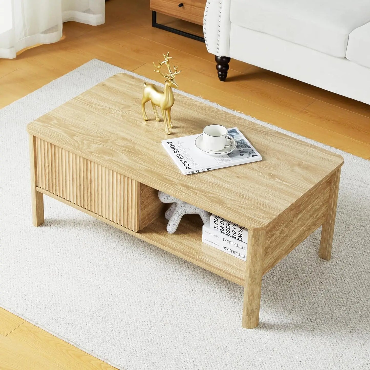 Oval Minimalist Farmhouse Coffee Table With Storage