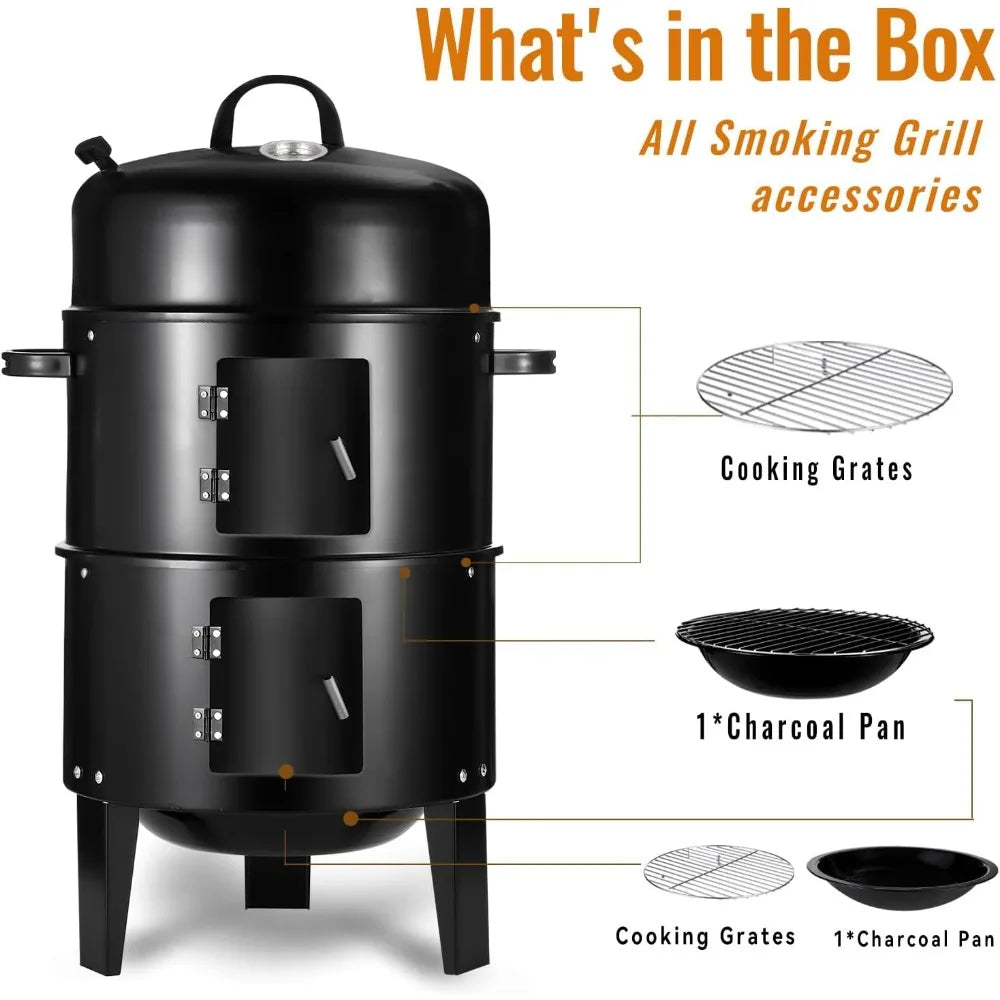 XIUWO Vertical Charcoal Smoker Grill Multi Layer Portable With Thermometers