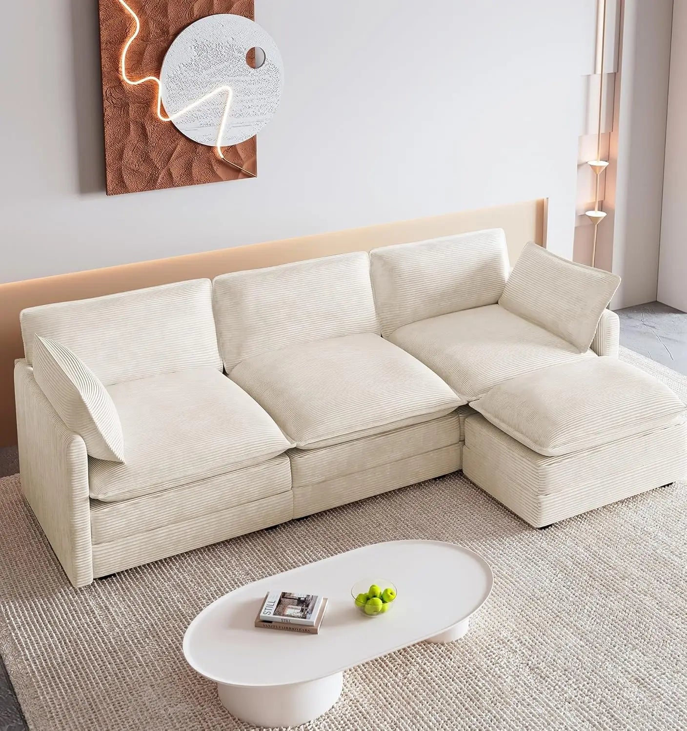 Combination Modular Sectional Sofa With Movable Ottoman L Shape Corduroy