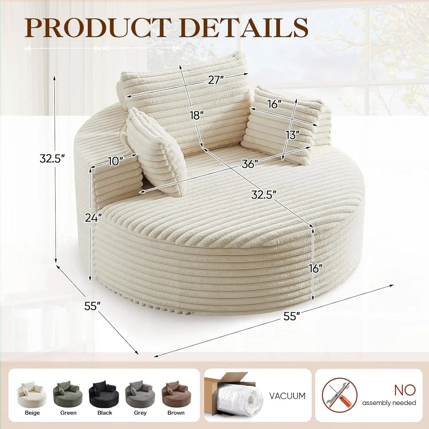 Oversized Round Chaise Lounge Chair Corduroy Deep Seat