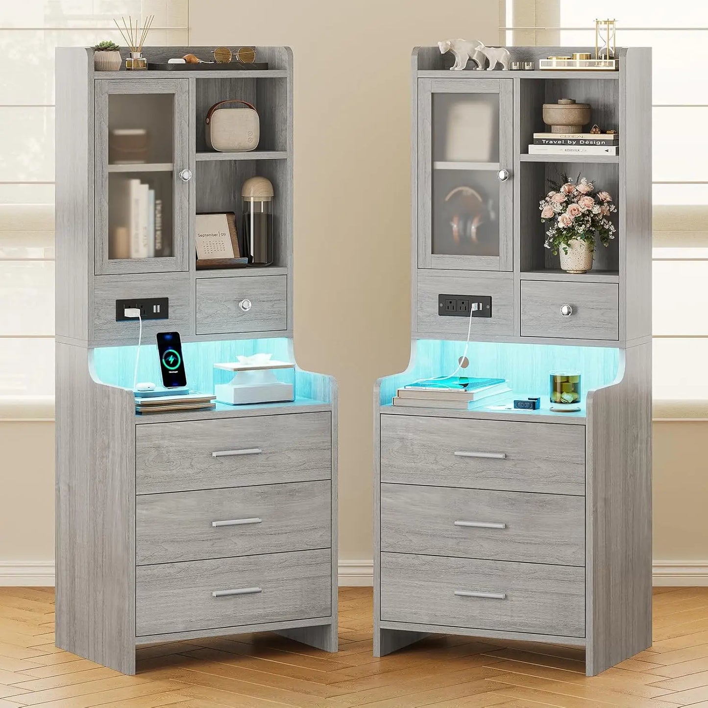 Frame Nightstand Set Of 2 With Charging Station And Bookshelf