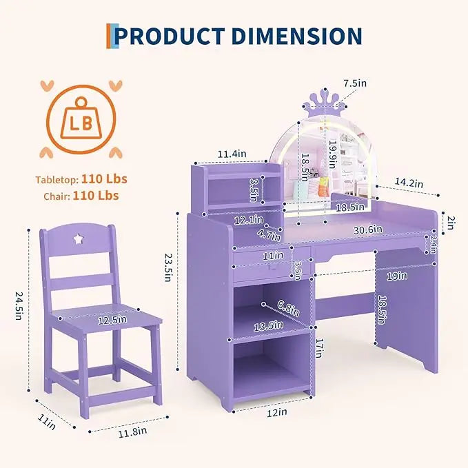 HiMISS Vanity With Lights 2 In 1 Desk Chair System