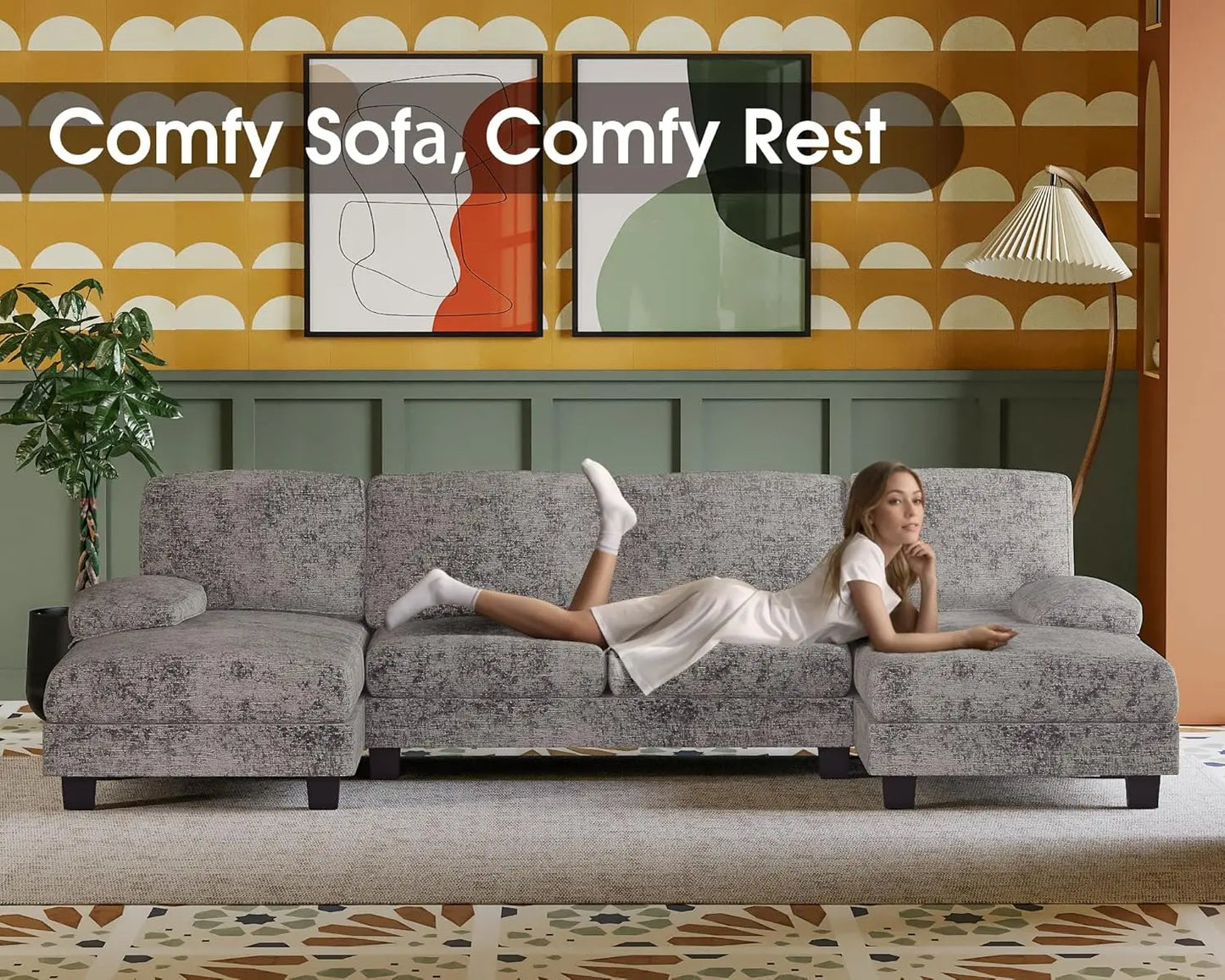 U-Shaped Sectional Sofa Set in Linen Fabric for Living Room