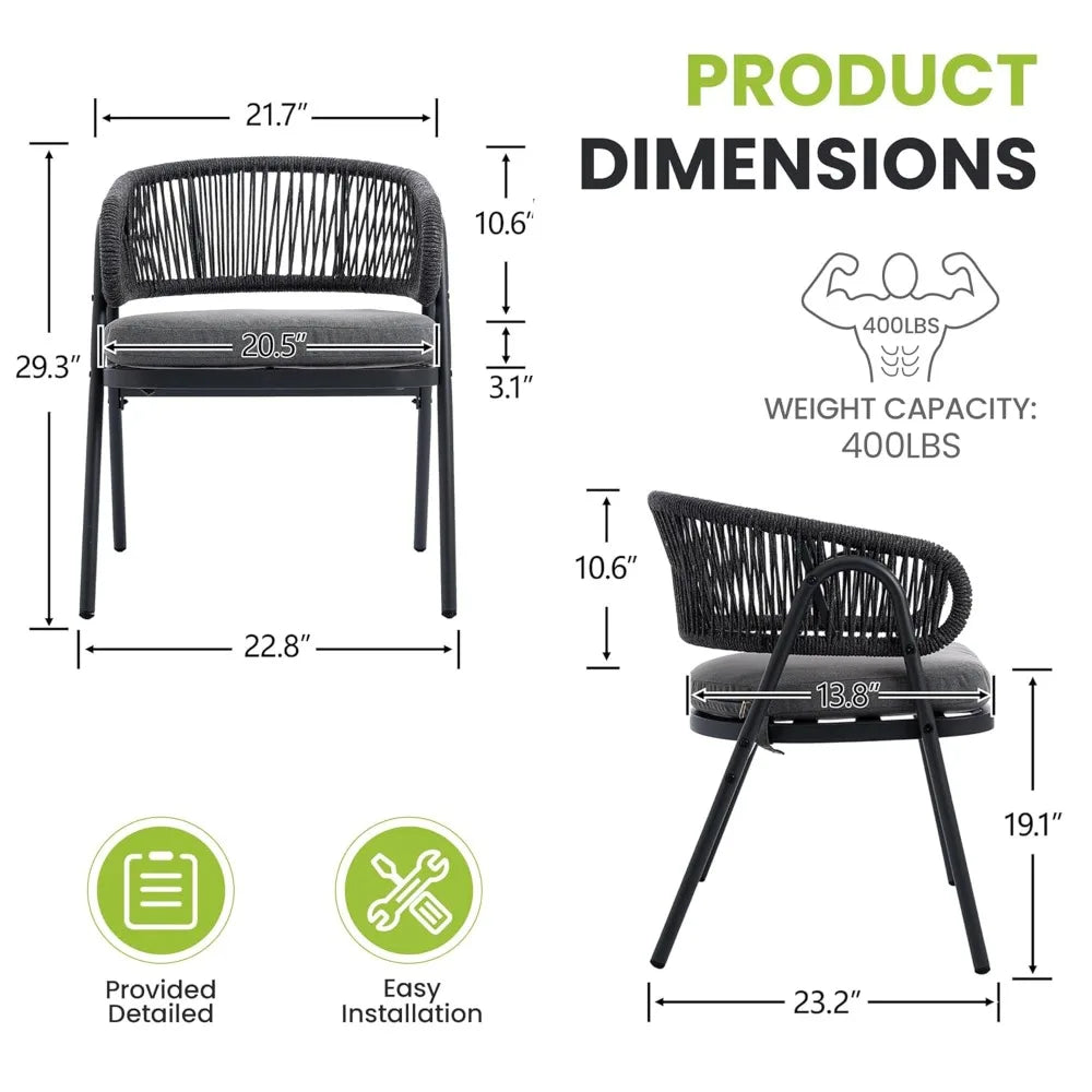 Weather-Resistant Rope Woven Metal Outdoor Dining Chair Set With Cushion