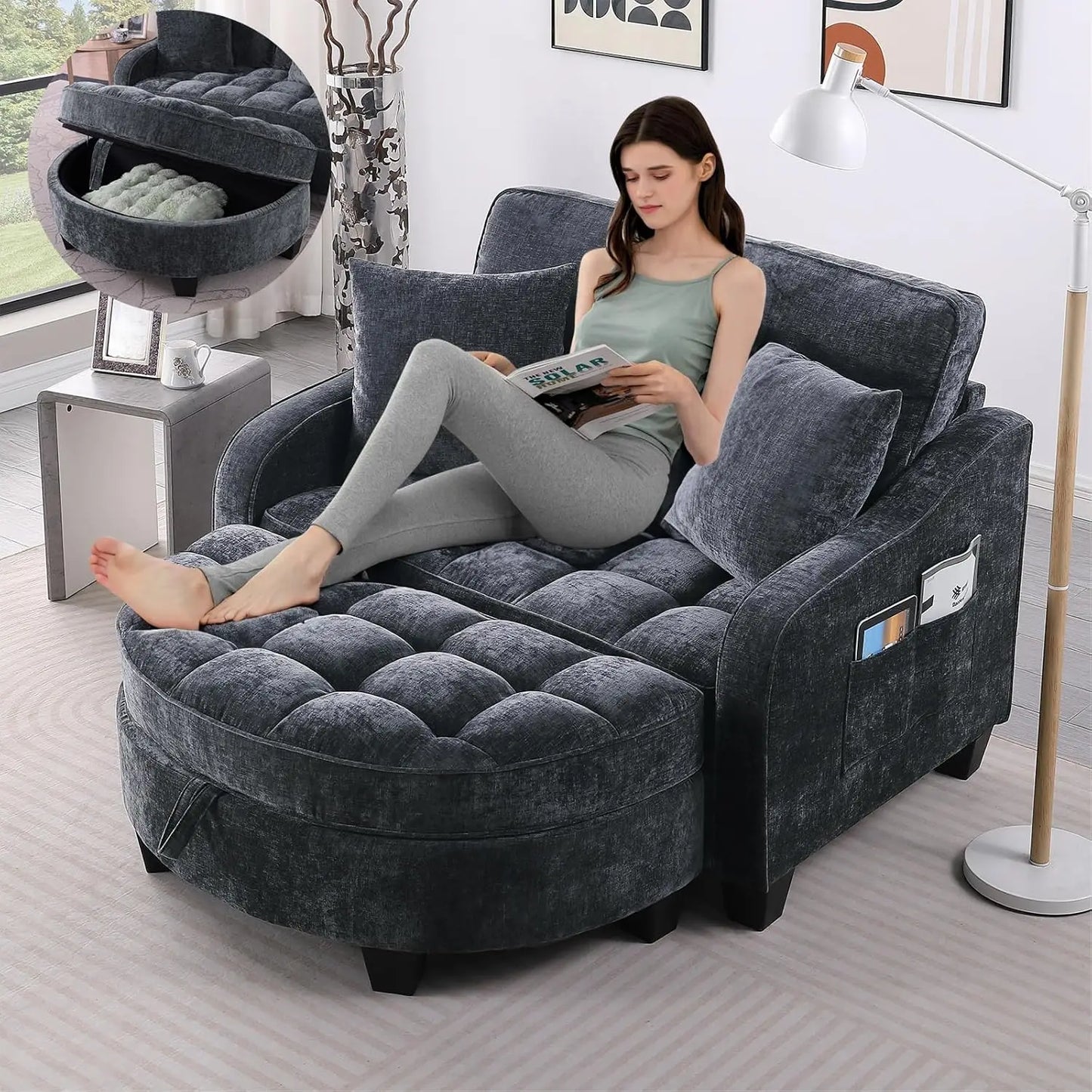 Oversized Curved Chaise Lounge Chair With Ottoman Indoor Soft Chenille