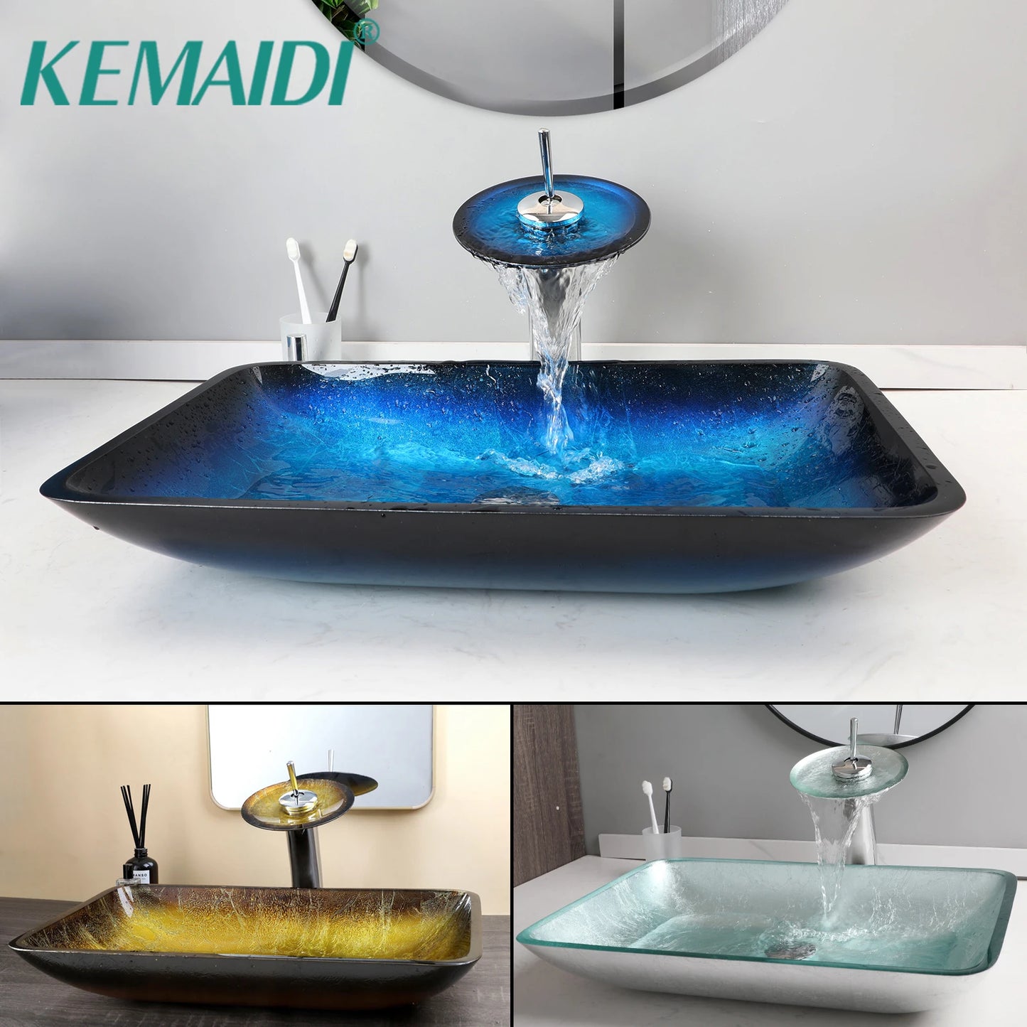 YANKSMART Tempered Glass Basin Sink Vessel With Faucet Set