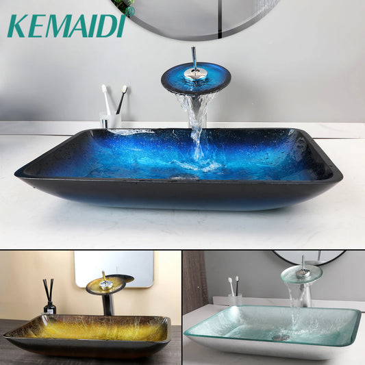 YANKSMART Tempered Glass Basin Sink Vessel With Faucet Set