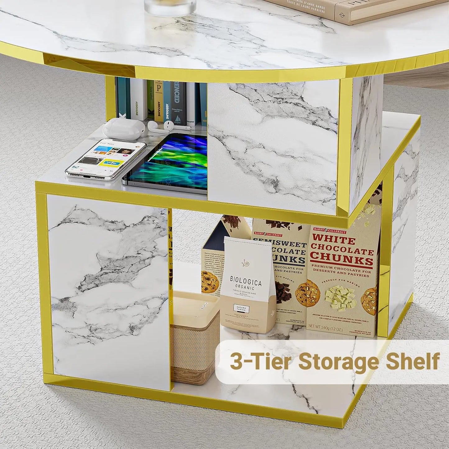 MERRONIX Three Tier Round Coffee Table With Storage Living Room