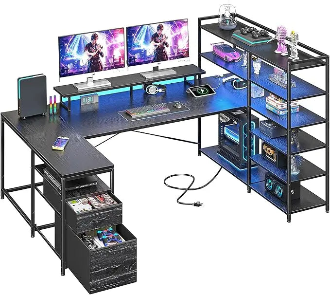L Shaped Desk With Monitor Stand And Storage Shelves