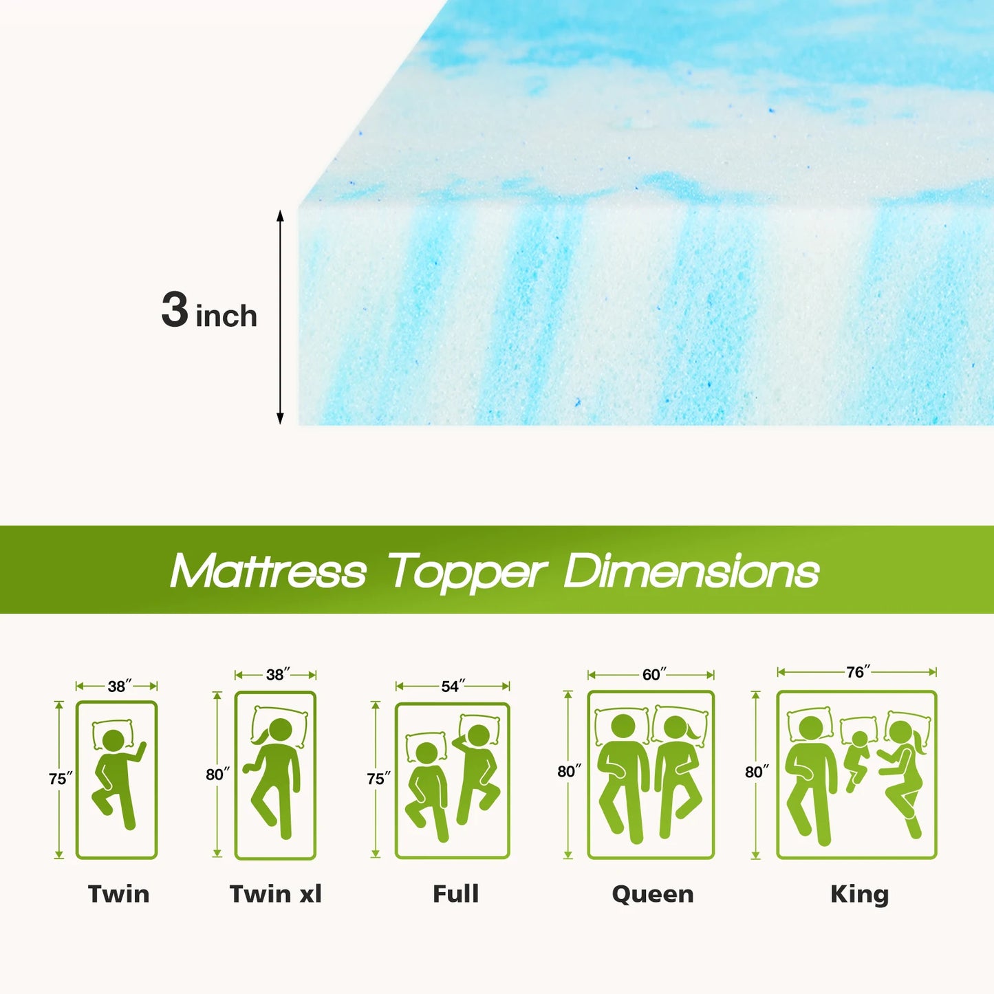 JHK Gel Memory Foam Mattress Topper Cooling And Breathable