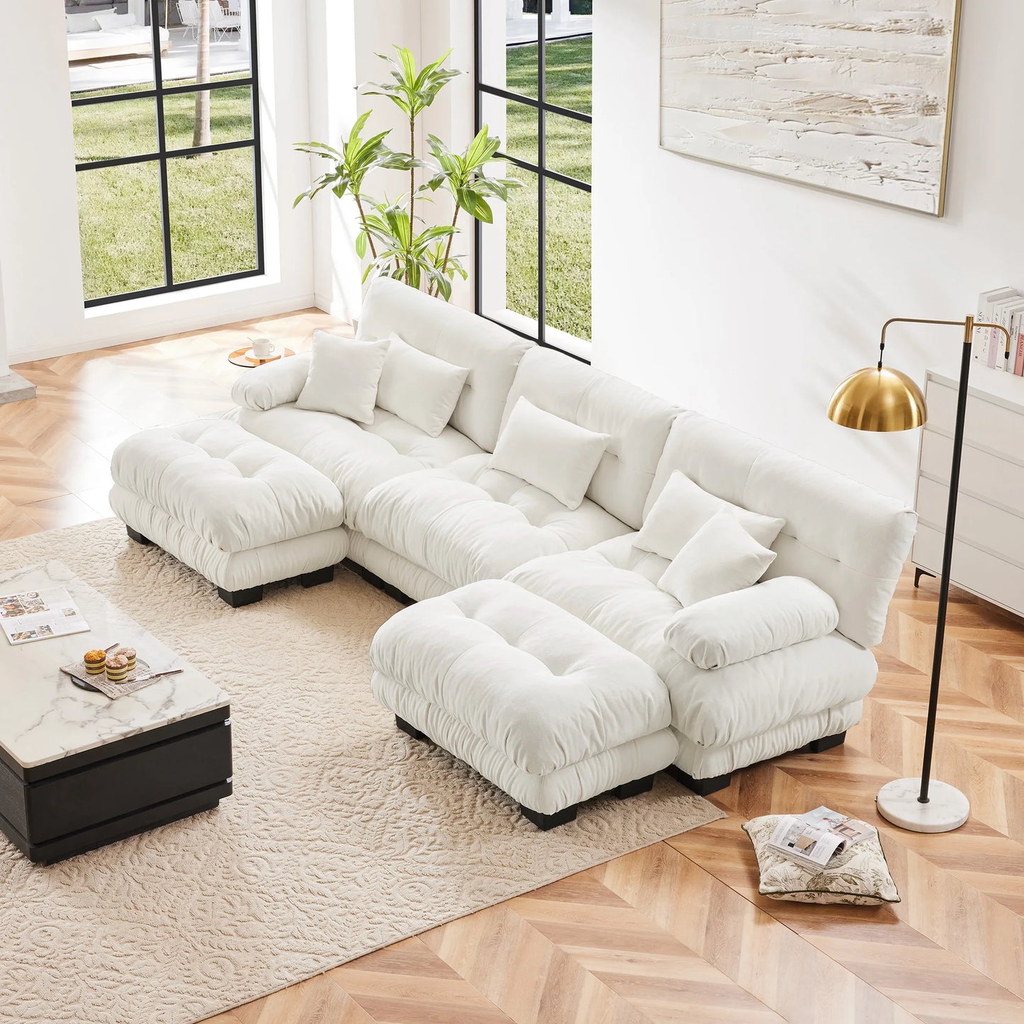Chenille Modular Sectional Sofa Couch With Ottomans