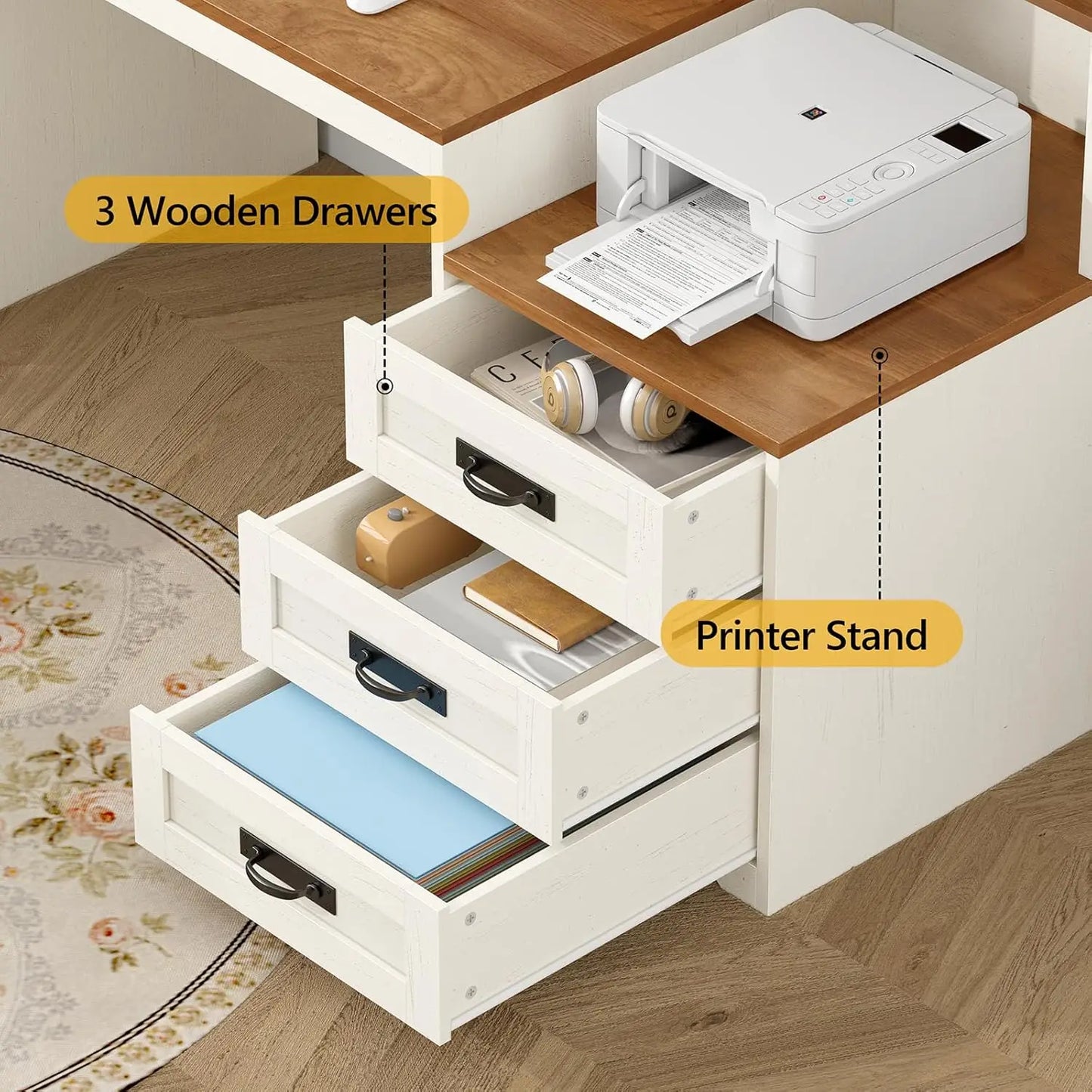 MOYU Farmhouse Computer Desk With Drawers And Power Outlets