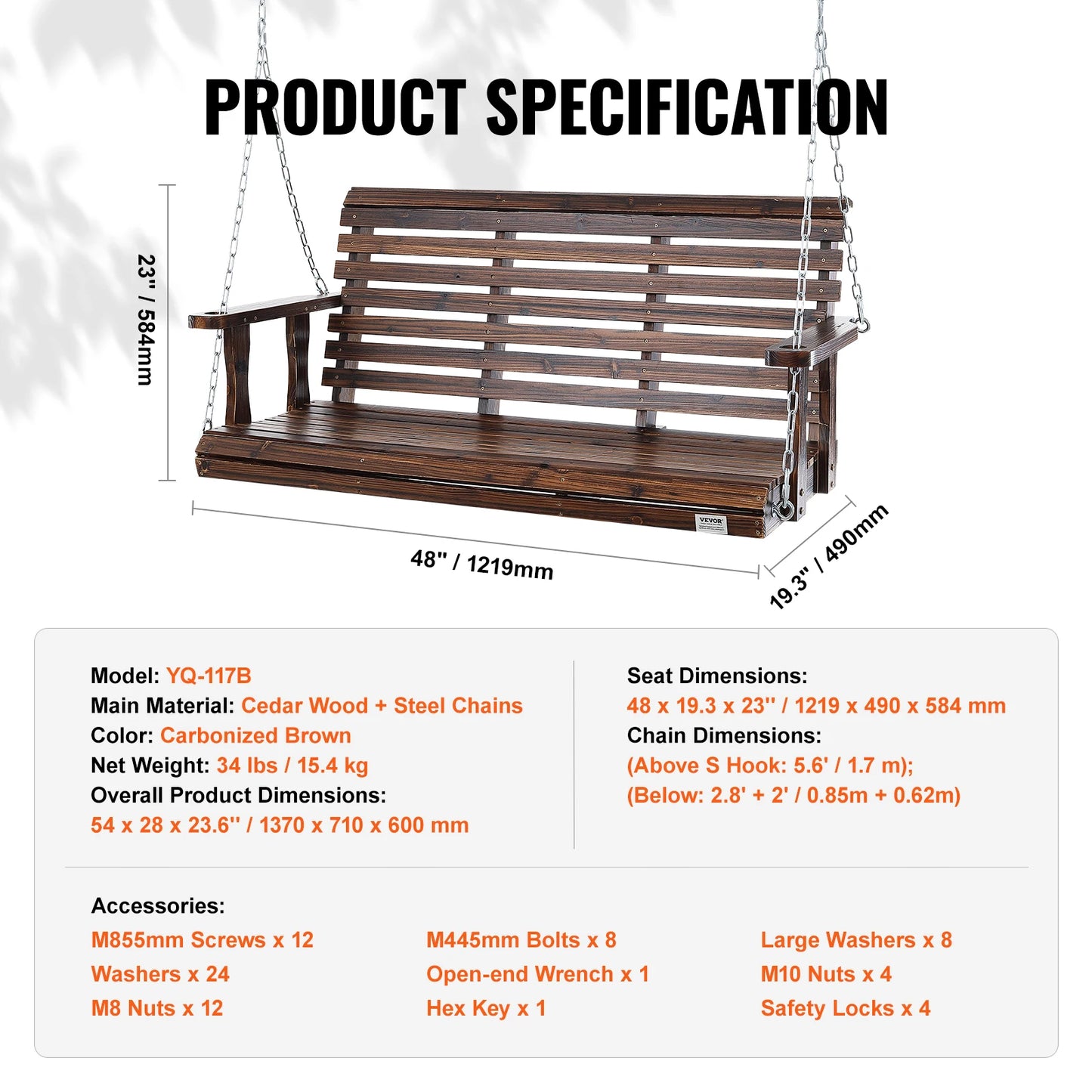 SucceBuy Wooden Porch Swing Outdoor Patio Bench Garden 880 Lbs
