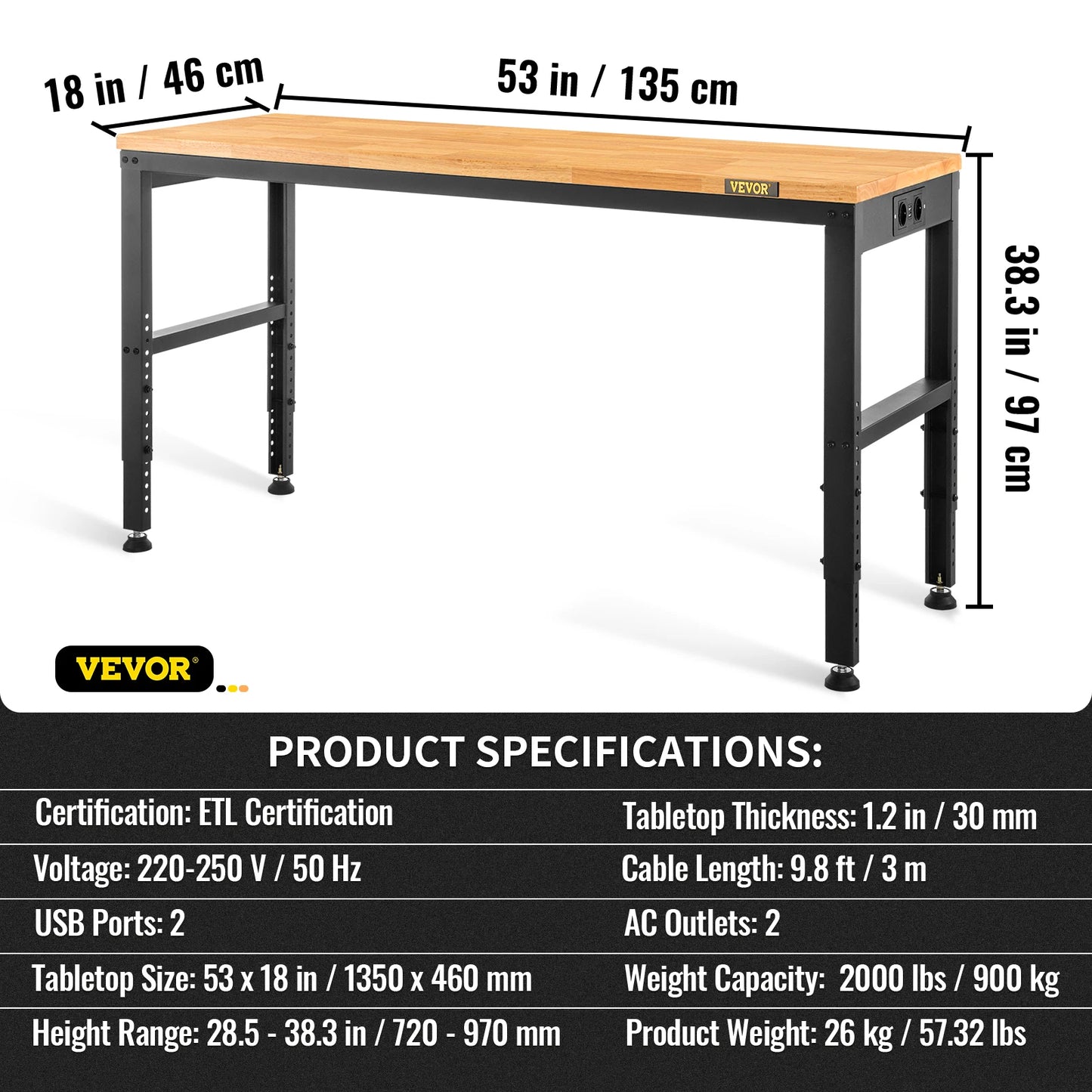 SucceBuy Heavy Duty Workbench With Oak Hardwood Top And 900kg Load