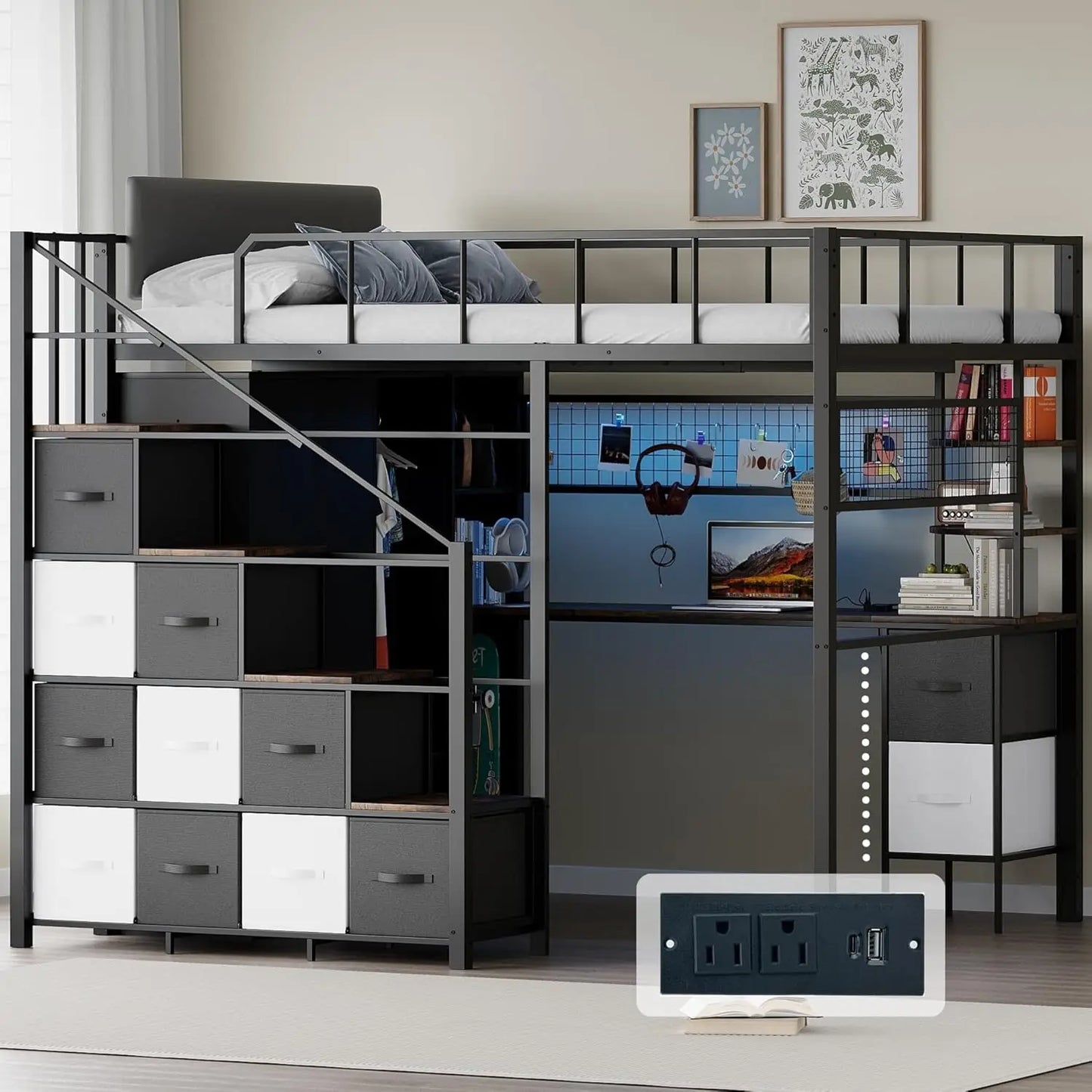 Loft Bed With Desk Stairs LED Gaming Frame Guardrail And Storage