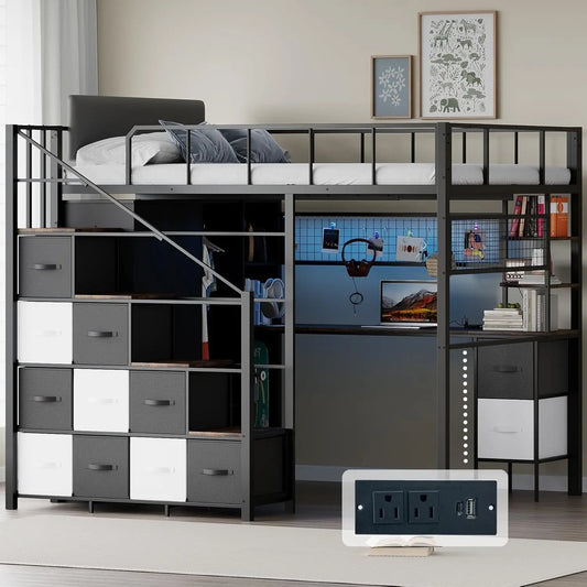 Loft Bed With Desk Stairs LED Gaming Frame Guardrail And Storage