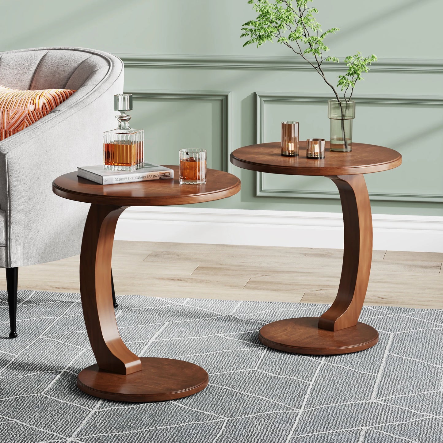 Tribesigns Round End Table Wood C Shaped Side Table Mid Century