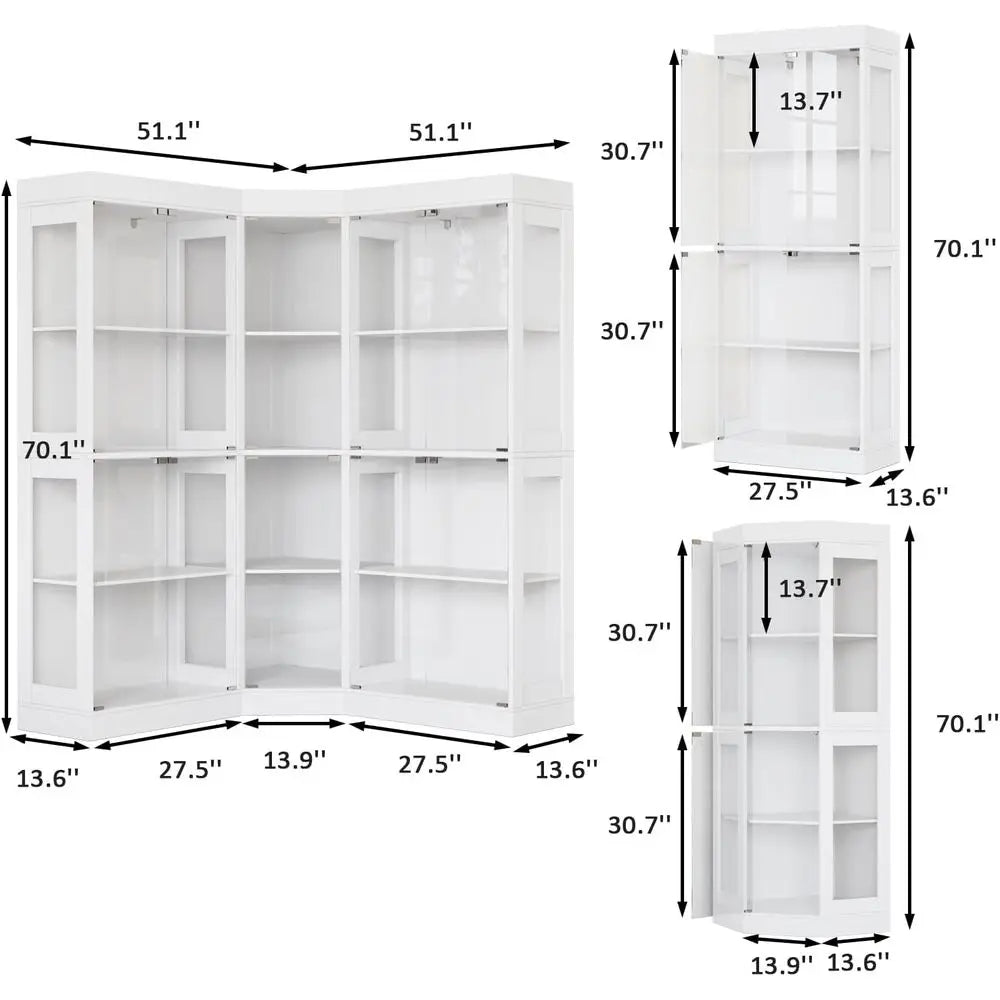 Large L Shaped Glass Door Cabinet With 12 Shelves Modern