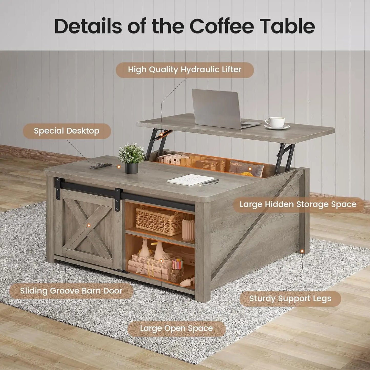 Lift Top Farmhouse Coffee Table With Hidden Storage