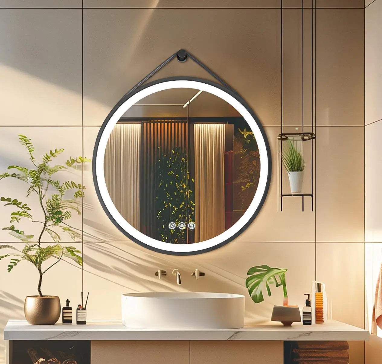 Round LED Bathroom Mirror Wall Hanging Frontlit Vanity Makeup Mirror Anti Fog