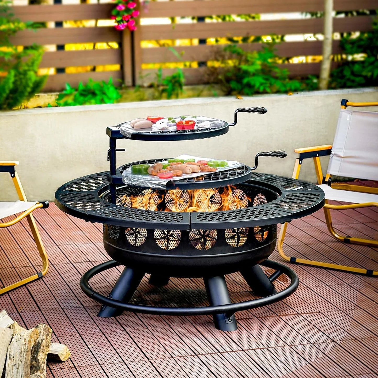 Three In One Outdoor Fire Pit With Lid And Two Cooking Grills Wood Burning