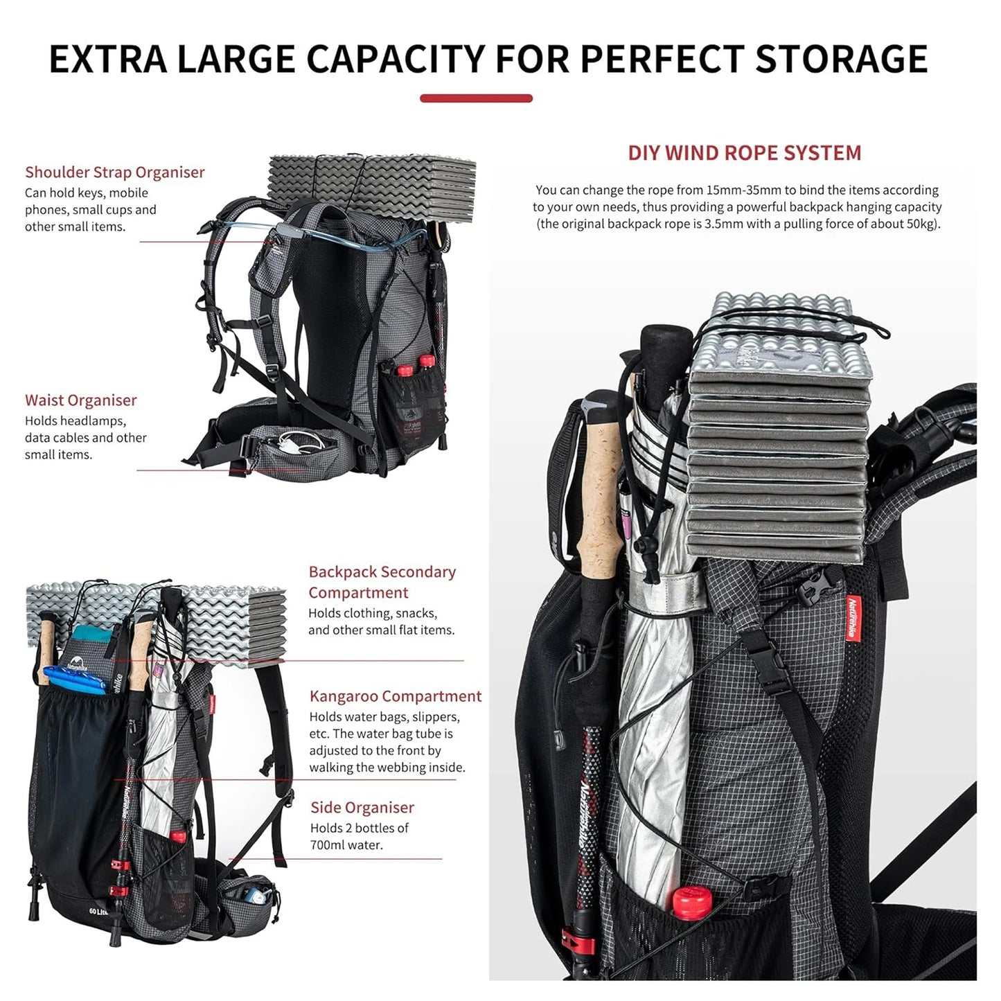 Naturehike Waterproof Mountain Backpack For Hiking And Travel Rain Cover