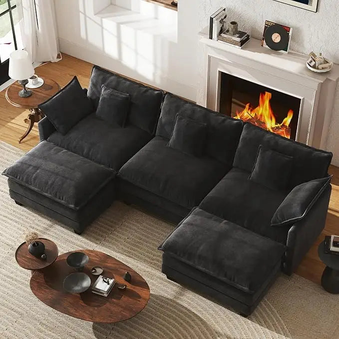 U Shape Modular Sectional Sofa Chenille With Movable Ottomans