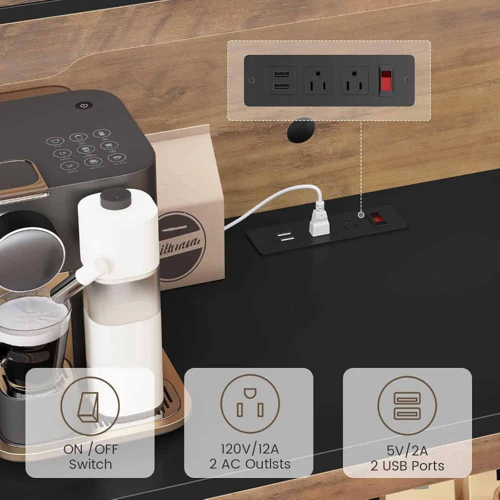 Pantry Cabinet With Charging Station And LED Light Microwave Stand