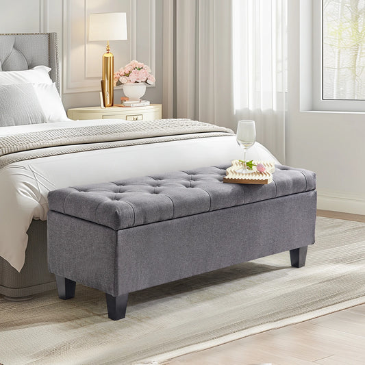 Storage Ottoman Bench With Tufted Surface And Flip Lid Hinge