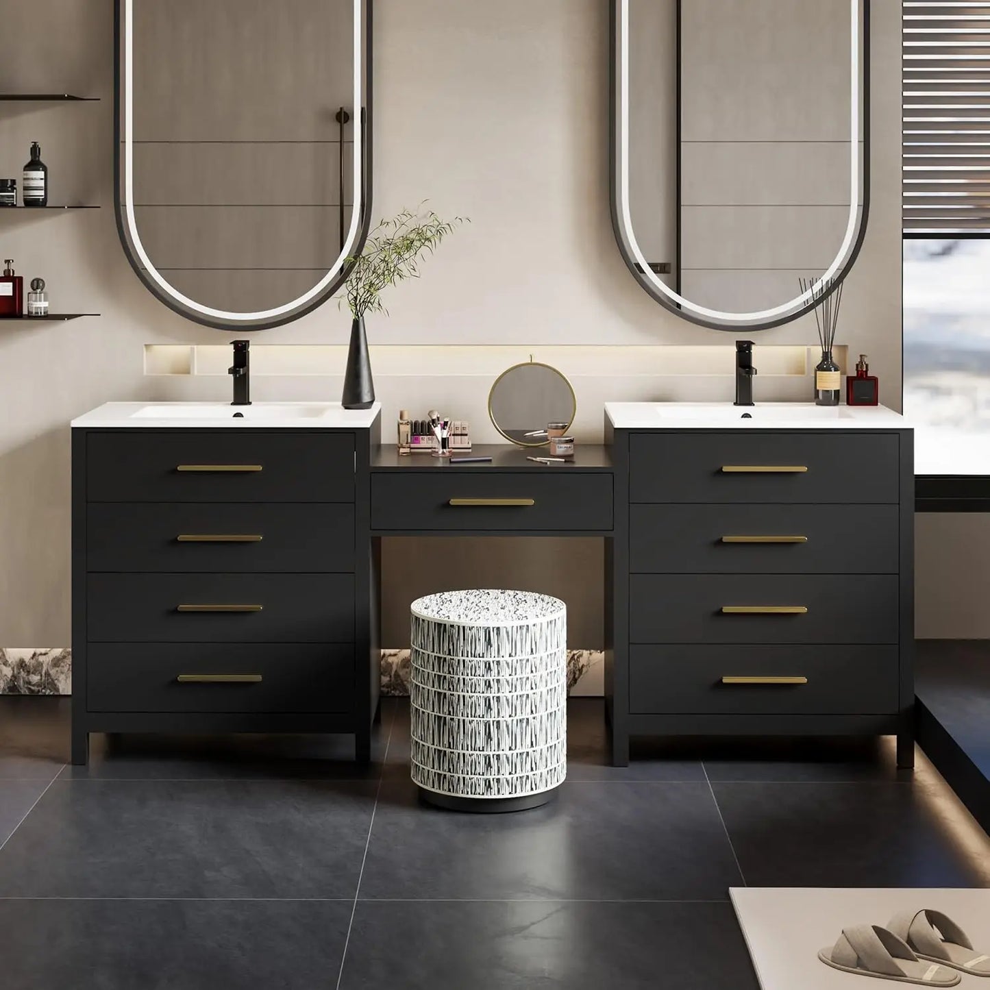 Modern Bathroom Vanity Sink Combo With Makeup Desk And Dual Faucets