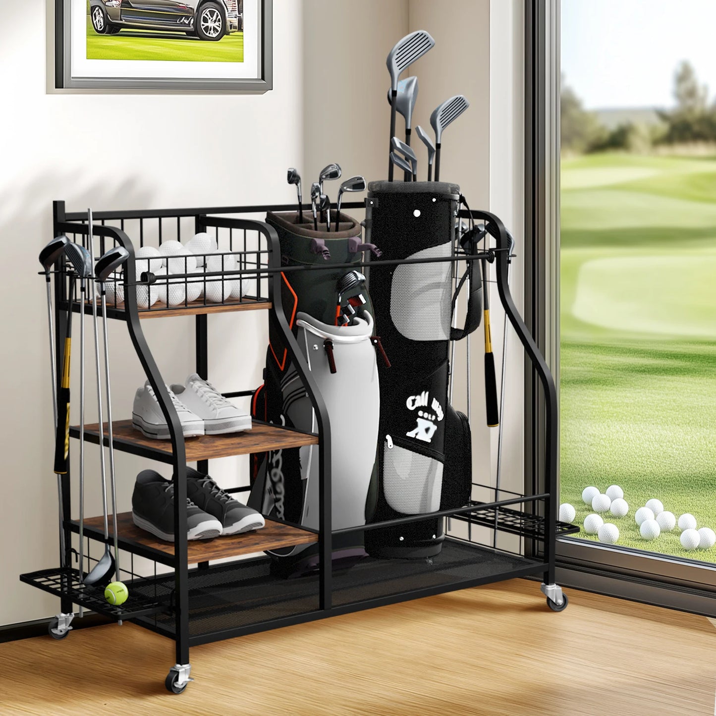 Rolling Golf Bag Storage Rack With Wheels Metal Organizer