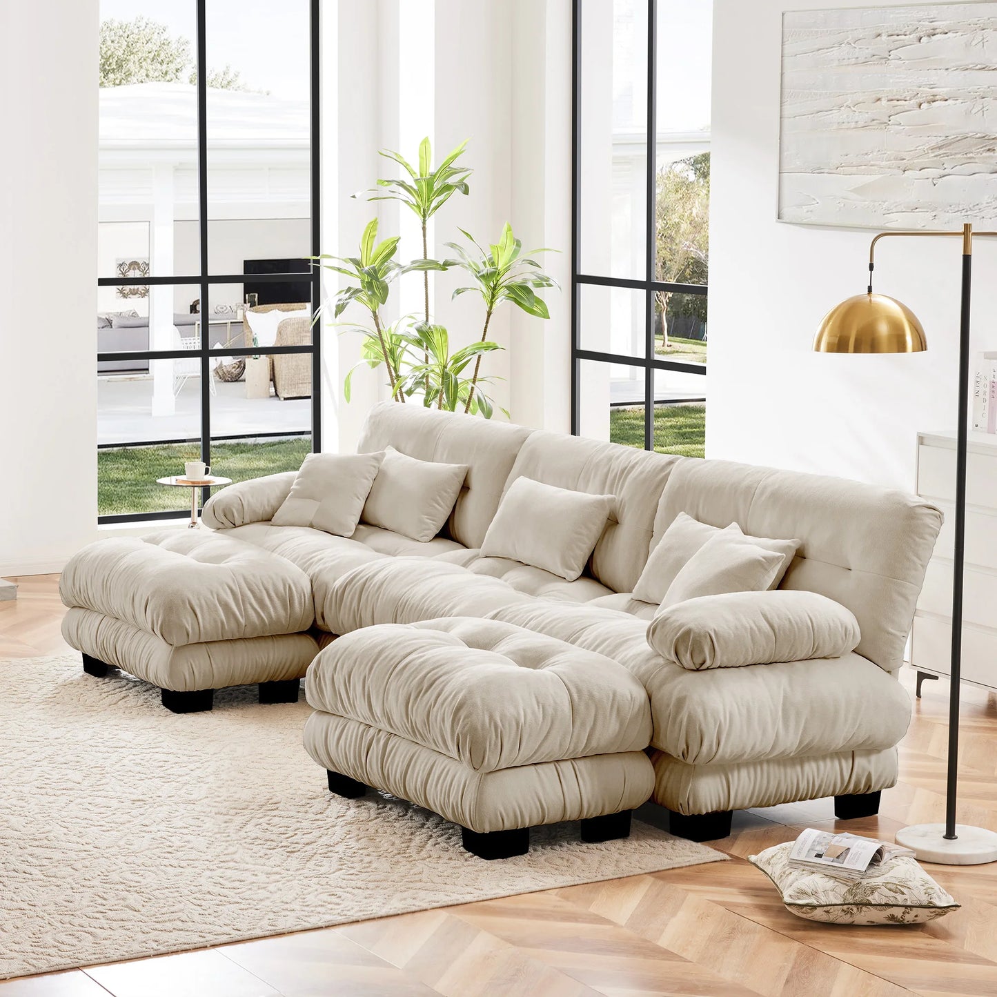 Chenille Modular Sectional Sofa Couch With Ottomans